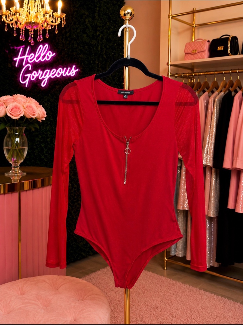 Ambiance Red Mesh Zip-Front Bodysuit | Size Large